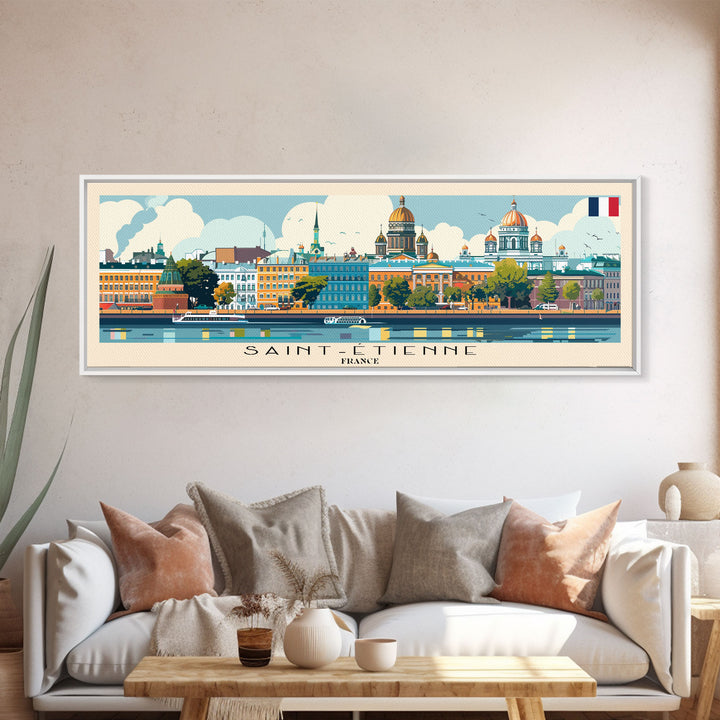 Saint Etienne France Panoramic Travel Poster, Framed Canvas Print or Metal Wall Art, Travel Art, Home Decor, Panoramic Painting, Midcentury Art