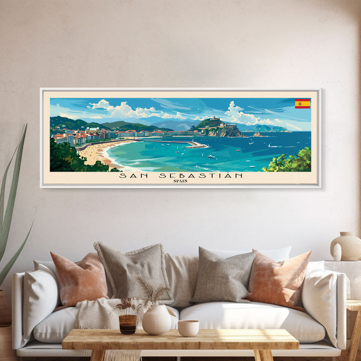 San Sebastian Spain Panoramic Travel Poster, Framed Canvas Print or Metal Wall Art, Travel Art, Home Decor, Panoramic Painting, Midcentury Art