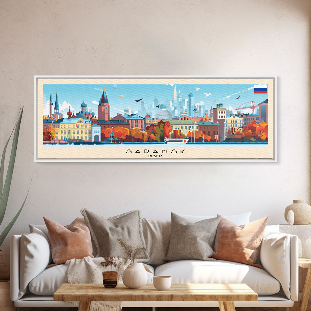Saransk Russia Panoramic Travel Poster, Framed Canvas Print or Metal Wall Art, Travel Art, Home Decor, Panoramic Painting, Midcentury Art