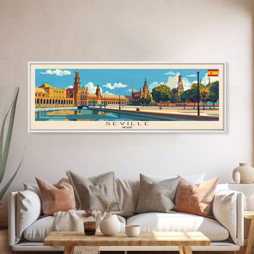 Seville Spain Panoramic Travel Poster, Framed Canvas Print or Metal Wall Art, Travel Art, Home Decor, Panoramic Painting, Midcentury Art