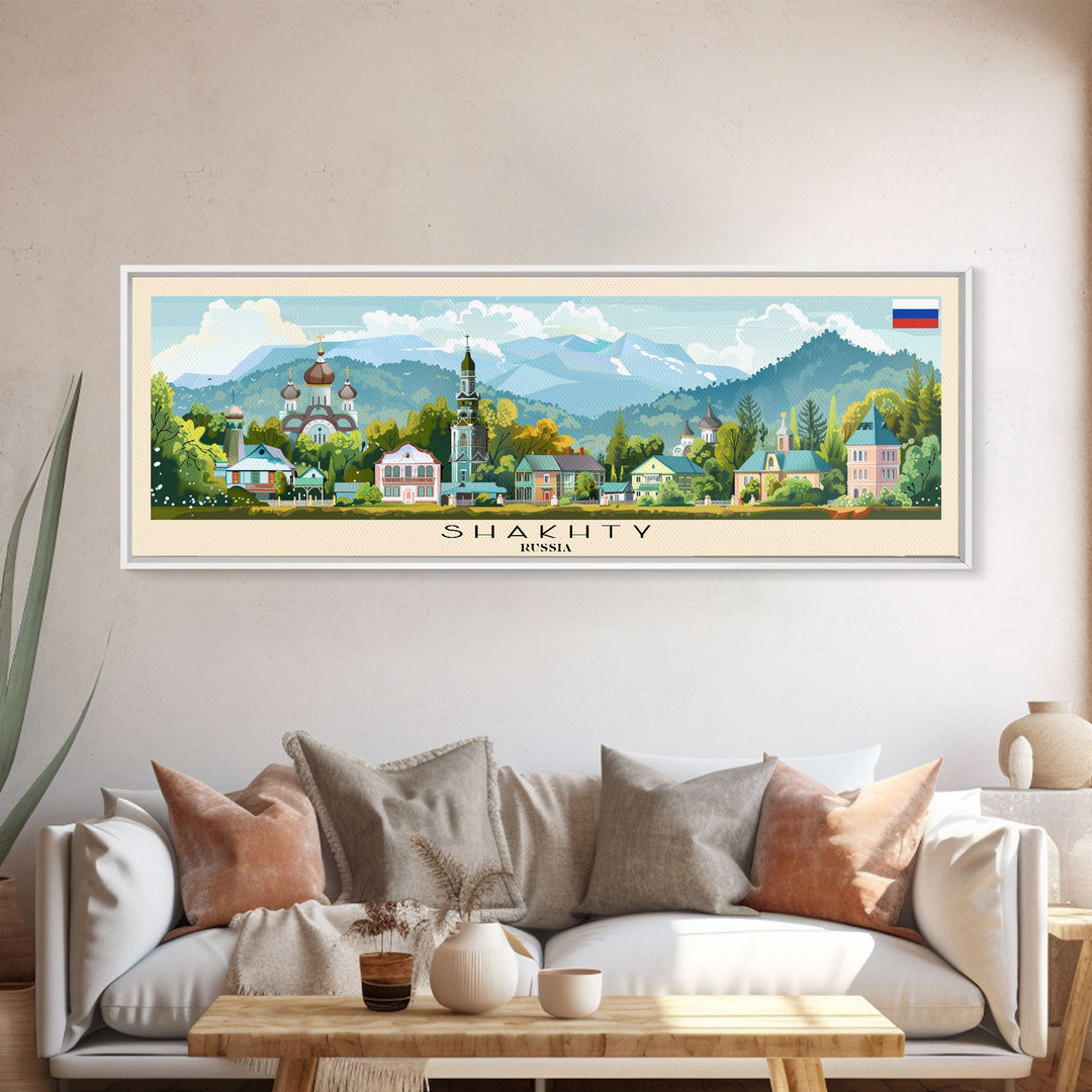 Shakhty Russia Panoramic Travel Poster, Framed Canvas Print or Metal Wall Art, Travel Art, Home Decor, Panoramic Painting, Midcentury Art