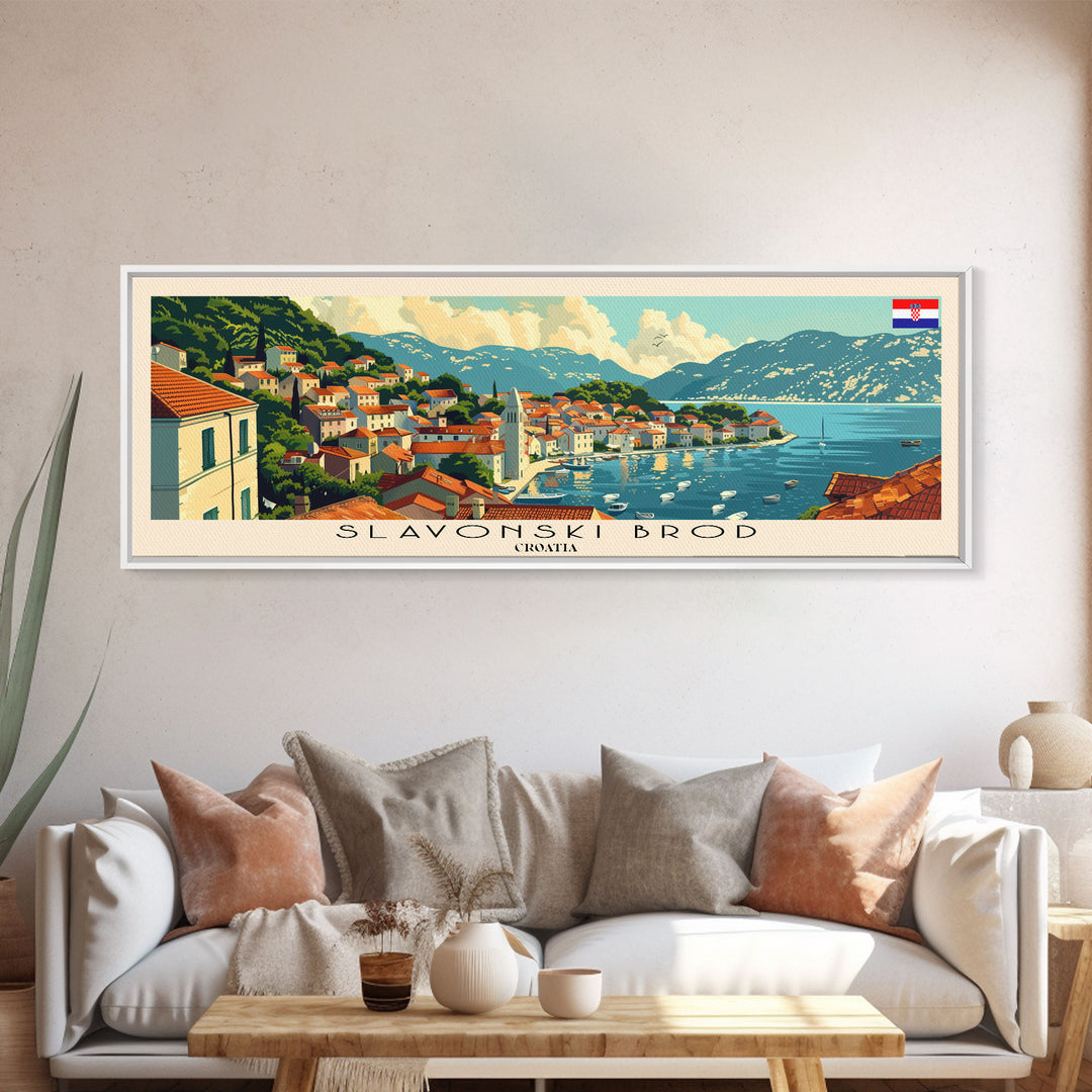 Slavonski Brod Croatia Panoramic Travel Poster, Framed Canvas Print or Metal Wall Art, Travel Art, Home Decor, Panoramic Painting, Midcentury Art