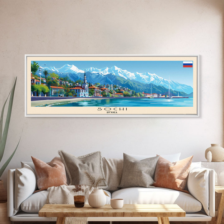 Sochi Russia Panoramic Travel Poster, Framed Canvas Print or Metal Wall Art, Travel Art, Home Decor, Panoramic Painting, Midcentury Art