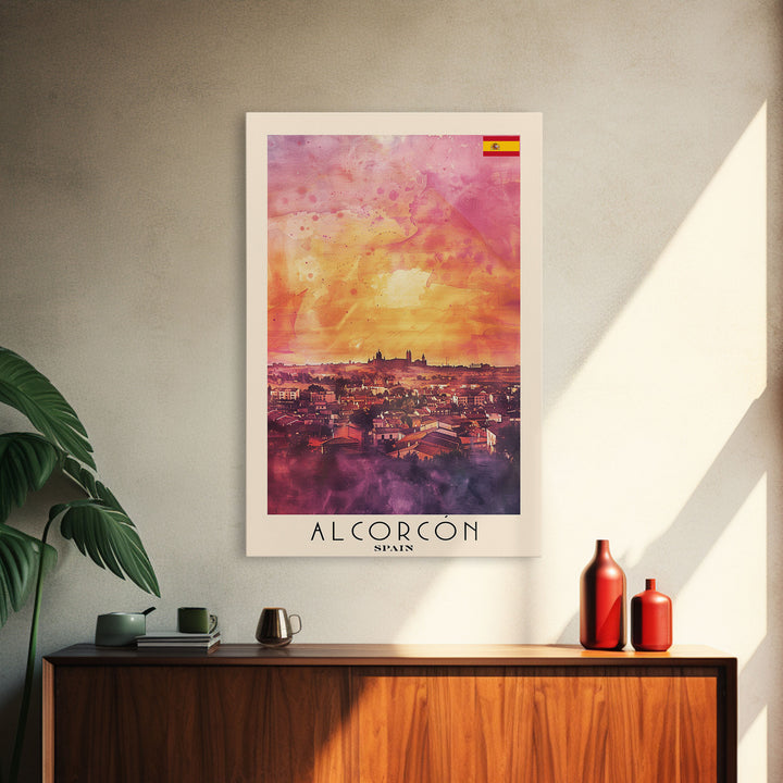 Alcorcón Spain Sunset Skyline Travel Poster Art, Framed Canvas Print, Beautiful Wall Art for Living Room or Bedroom, Home Decoration