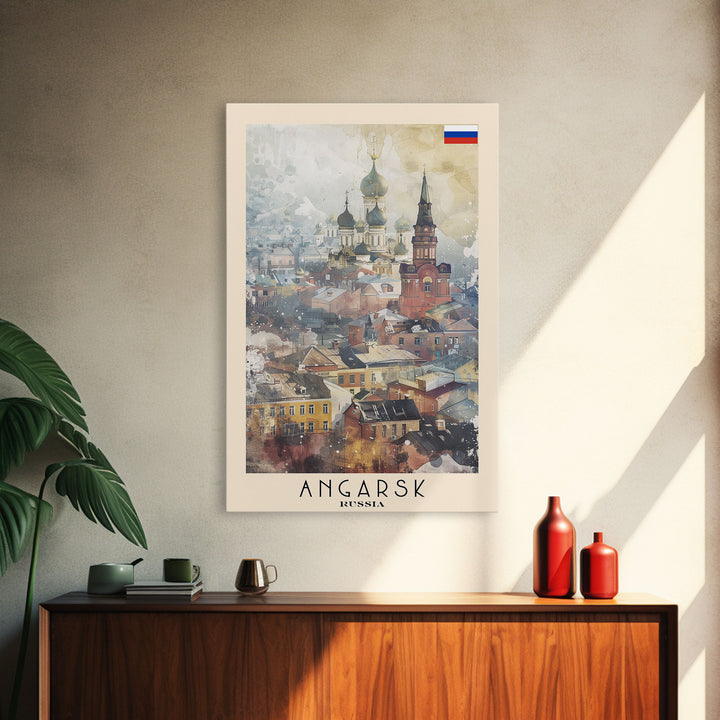 Beautiful Angarsk Skyline, Framed Canvas Print, Unique Travel Poster Art, Living Room Wall Decor, Minimalist Style, Watercolor Painting