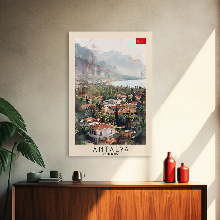 Picturesque Antalya Coastline, Framed Canvas Print, Ideal for Living Room Art, Travel Poster, Boho Wall Decor, Watercolor Art