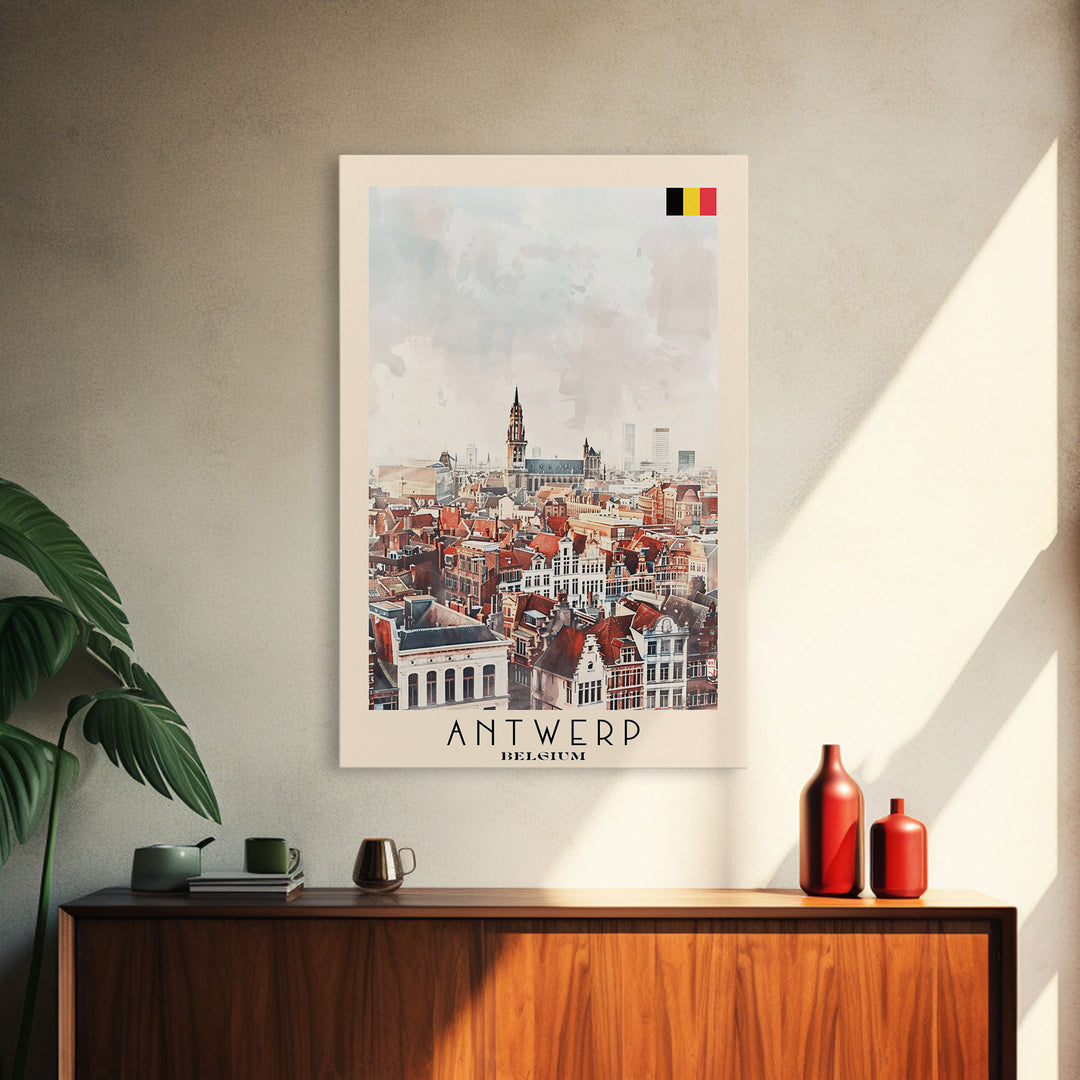 Charming Antwerp Cityscape, Framed Canvas Print, Perfect for Living Room Art, Travel Poster, Minimalist Home Decor, Watercolor Art