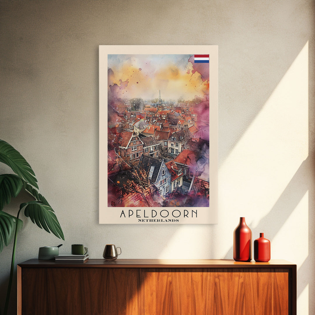 Scenic Apeldoorn Rooftops, Framed Canvas Print, Perfect for Living Room Art, Travel Poster, Boho Wall Decor, Watercolor Painting