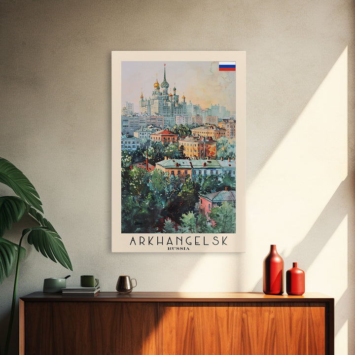 Majestic Arkhangelsk View, Framed Canvas Print, Perfect for Living Room Art, Travel Poster, Boho Home Decor, Watercolor Art