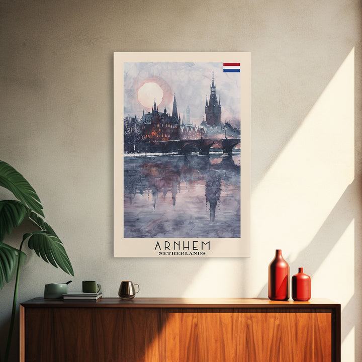 Arnhem Netherlands Travel Poster Framed Canvas Print, Wall Art, Home Decor, Vacation Print, Watercolor Painting, Cityscape Art