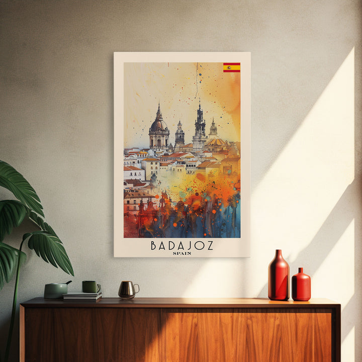 Badajoz Spain Travel Poster Framed Canvas Print, Wall Art, Home Decor, Vacation Print, Watercolor Painting, Cityscape Art, Vibrant Colors