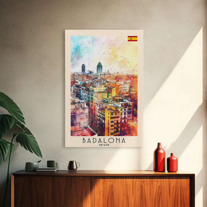 Badalona Spain Travel Poster Framed Canvas Print, Wall Art, Home Decor, Travel Print, Watercolor Painting, Urban Cityscape, Original Art