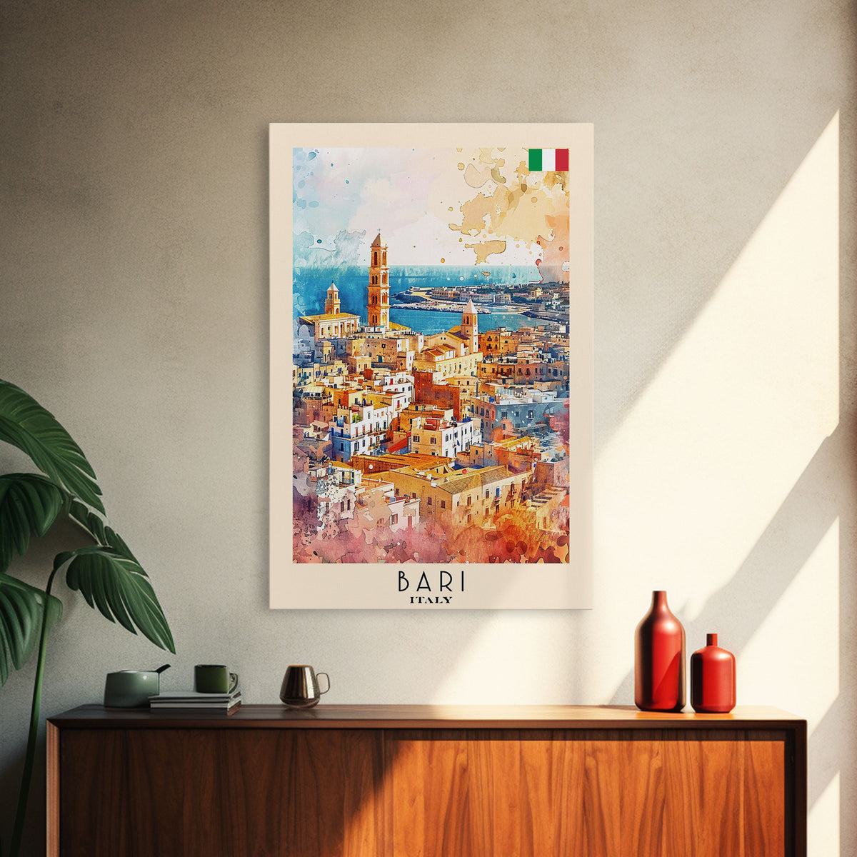 Bari Italy Travel Poster Framed Canvas Print, Wall Art, Home Decor, Watercolor Painting, Vacation Gift, Minimalist Art