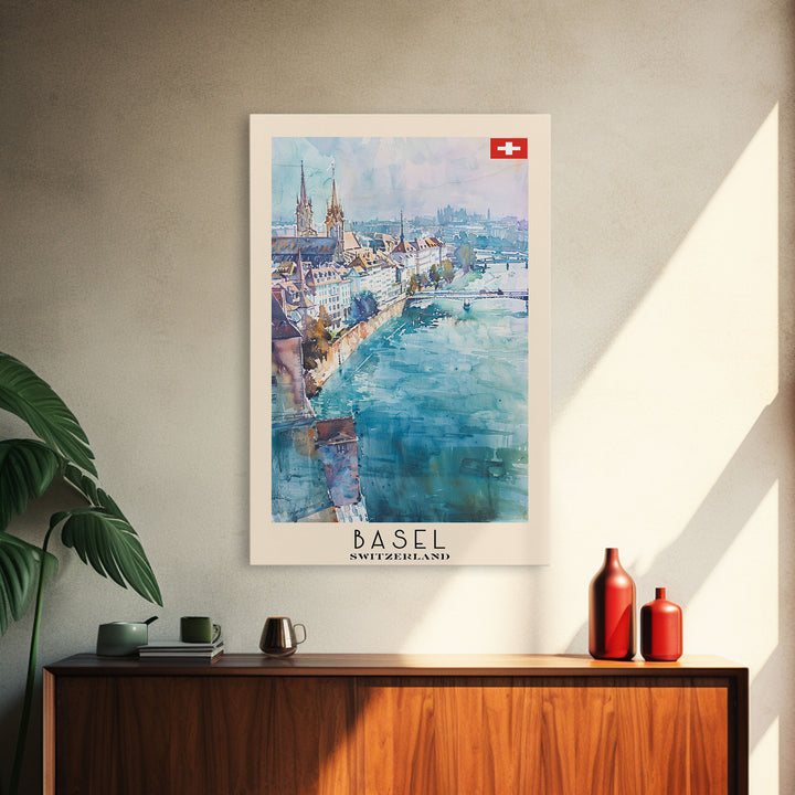 Basel Switzerland Travel Poster Framed Canvas Print, Wall Art, Home Decor, Watercolor Painting, Vacation Gift, Minimalist Art