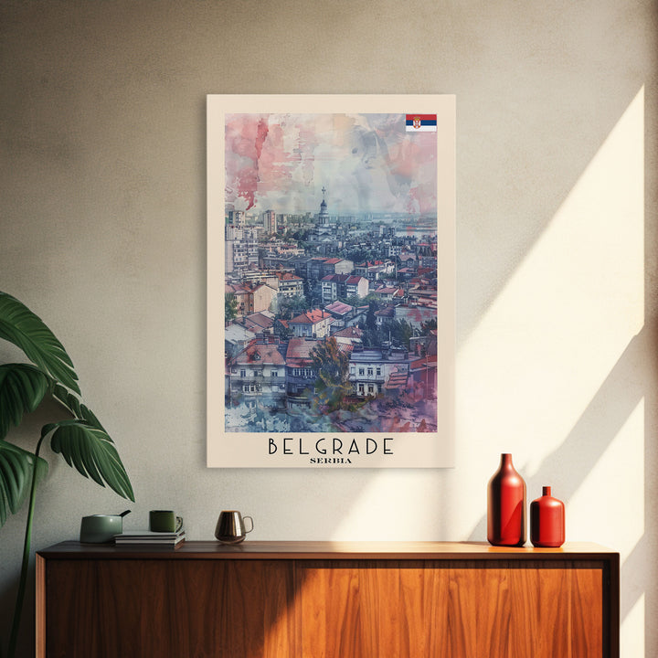 Belgrade Serbia Travel Poster Framed Canvas Print, Wall Art, Living Room Art, Watercolor Painting, Original Art, Vacation Gift