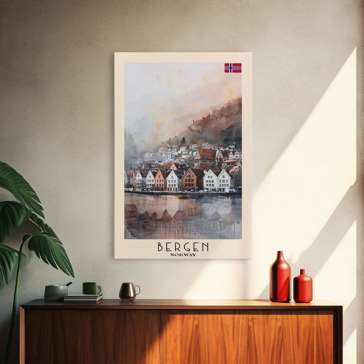 Bergen Norway Travel Poster Framed Canvas Print, Watercolor Painting, Wall Art, Home Decor, Boho Art, Scenic Travel Print