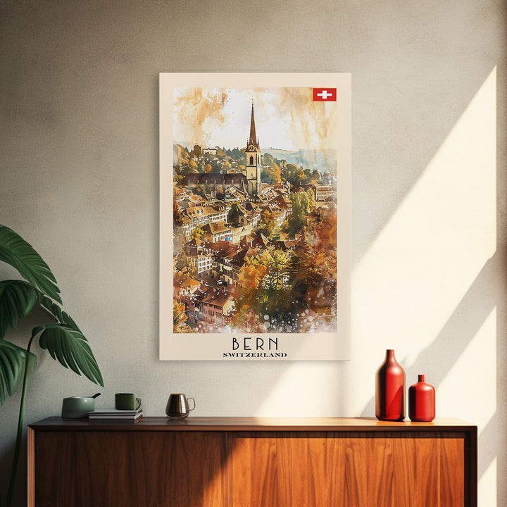 Bern Switzerland Travel Poster Framed Canvas Print, Watercolor Painting, Wall Art, Home Decor, Travel Print, Scenic Art, Original