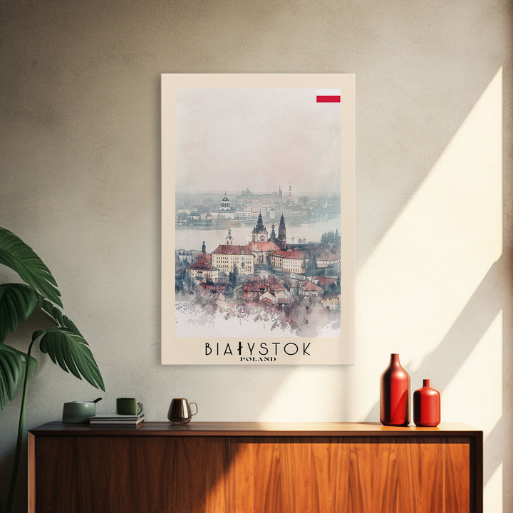 Białystok Poland Travel Poster Framed Canvas Print, Watercolor Art, Home Decor, Wall Art, Travel Print, Historic Cityscape Art