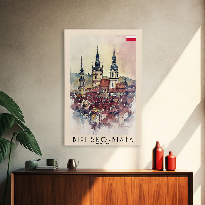 Bielsko-Biała Poland Travel Poster Framed Canvas Print, Watercolor Painting, Wall Art, Home Decor, Travel Print, Historic Cityscape