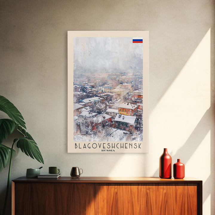 Blagoveshchensk Russia Travel Poster Framed Canvas Print, Wall Art, Home Decor, Travel Print, Winter Scene, Original Art
