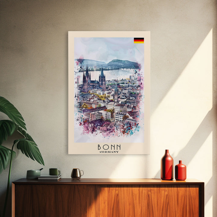 Bonn Germany Travel Poster Framed Canvas Print, Wall Art, Home Decor, Travel Print, River View, Watercolor Painting, Original Art