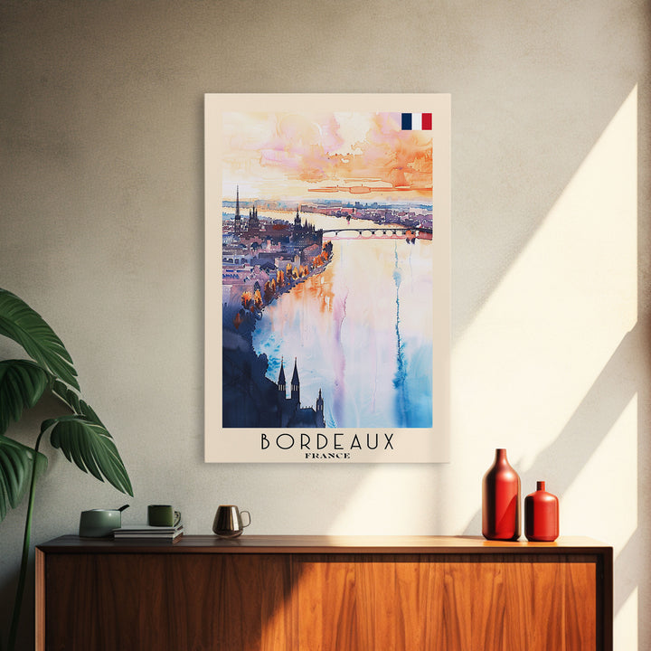 Bordeaux France Travel Poster Framed Canvas Print, Wall Art, Home Decor, Travel Print, Sunset View, Watercolor Art, Original Art