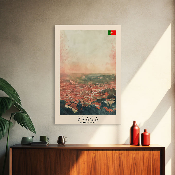 Braga Portugal Travel Poster Framed Canvas Print, Wall Art, Home Decor, Travel Print, Sunset Scene, Boho Art, Original Art