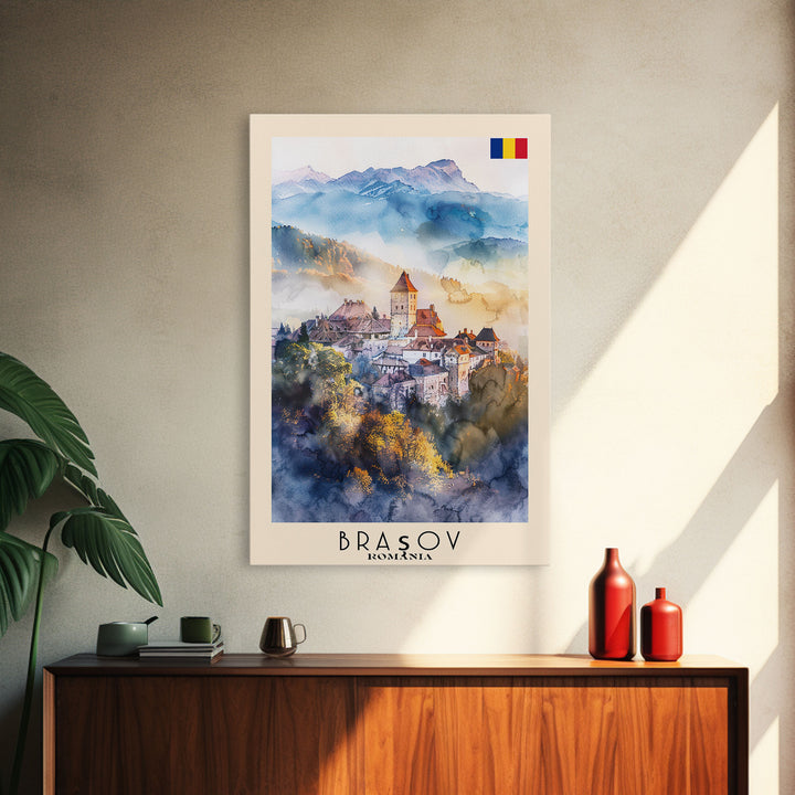 Bra?ov Romania Travel Poster Framed Canvas Print, Wall Art, Home Decor, Travel Print, Mountain View, Watercolor Painting, Original Art