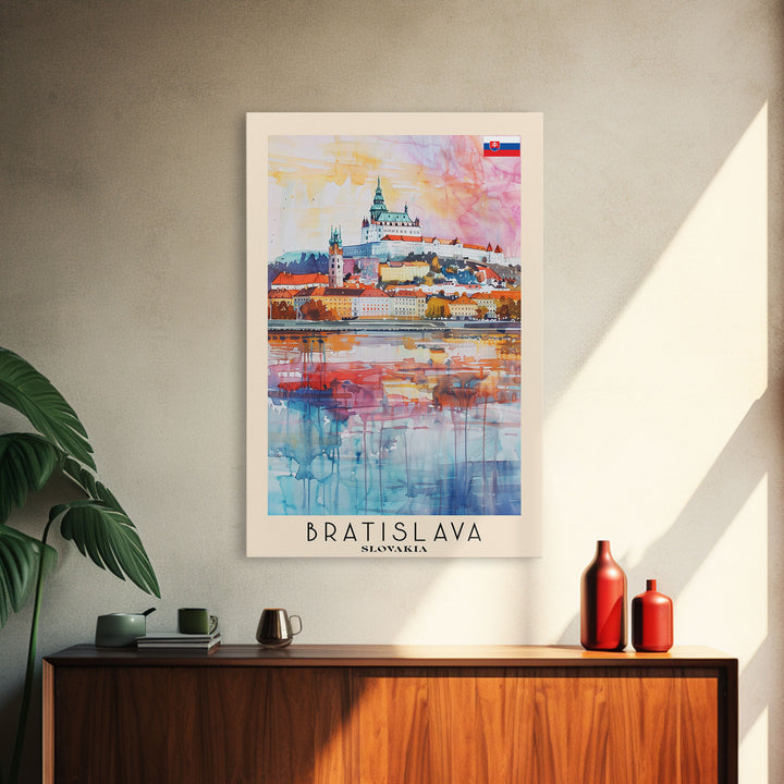Bratislava Slovakia Travel Poster Framed Canvas Print, Wall Art, Home Decor, Watercolor Painting, Travel Print, Boho Style Art
