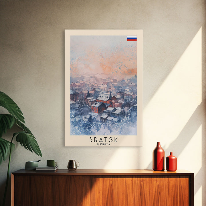 Bratsk Russia Travel Poster Framed Canvas Print, Winter Scene, Wall Art, Home Decor, Travel Print, Abstract Watercolor, Minimalist Art