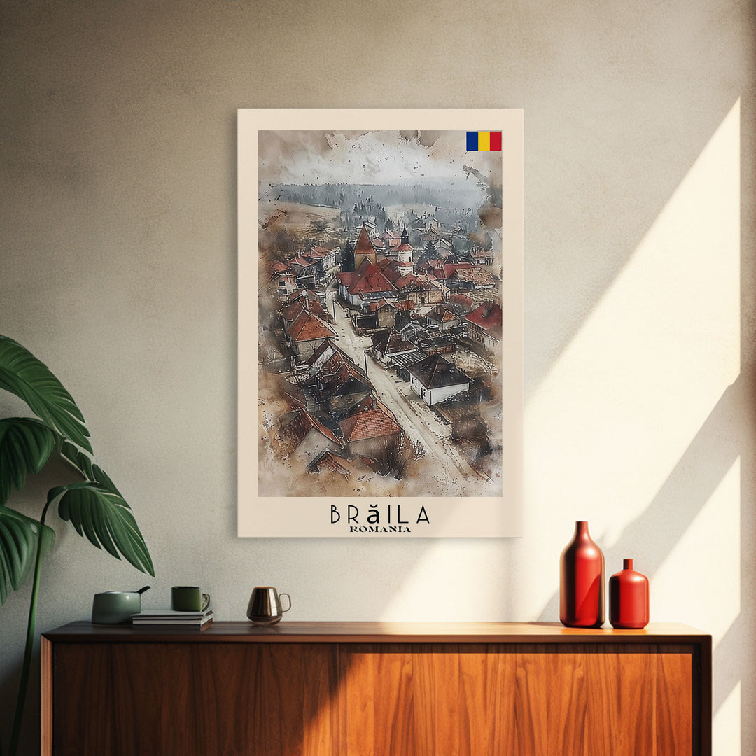 Brăila Romania Travel Poster Framed Canvas Print, Cityscape Art, Wall Decor, Travel Print, Watercolor Painting, Rustic Scene Art