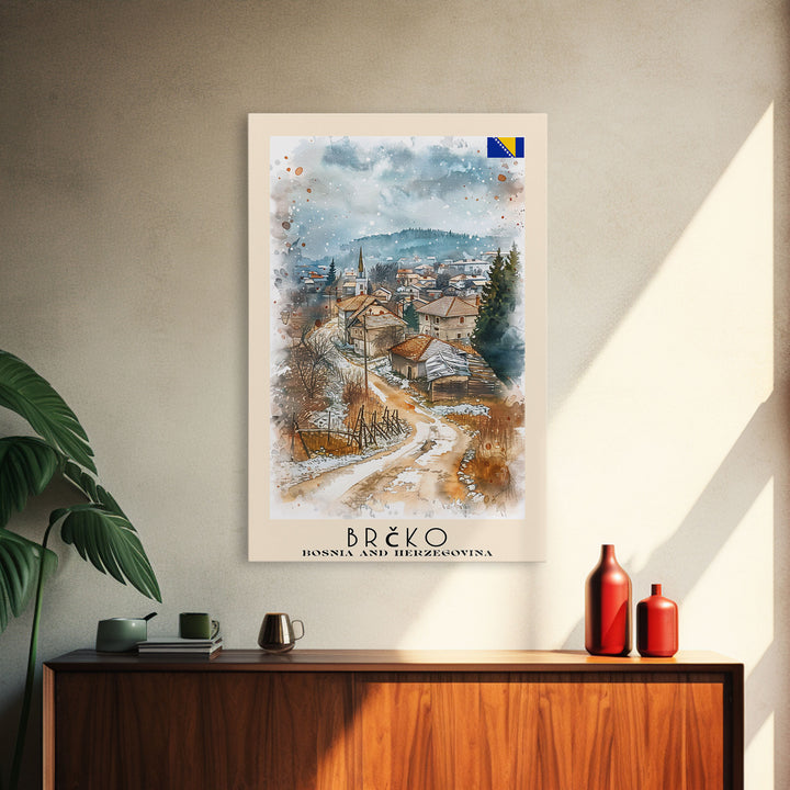 Brčko Bosnia Travel Poster Framed Canvas Print, Cityscape Art, Wall Decor, Travel Print, Watercolor Painting, Urban Scene Art