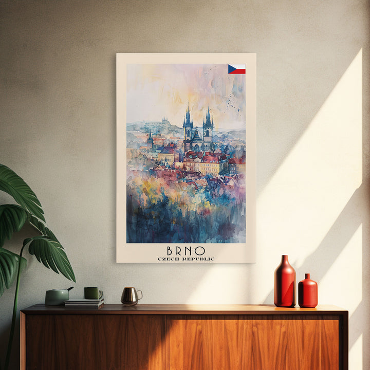 Brno Czech Republic Travel Poster Framed Canvas Print, Cityscape Art, Wall Decor, Travel Print, Watercolor Painting, Boho Style Art