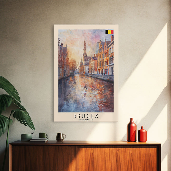 Bruges Belgium Travel Poster Framed Canvas Print, Watercolor Painting, Boho Wall Art, Home Decor, Living Room Art, Minimalist Travel Print