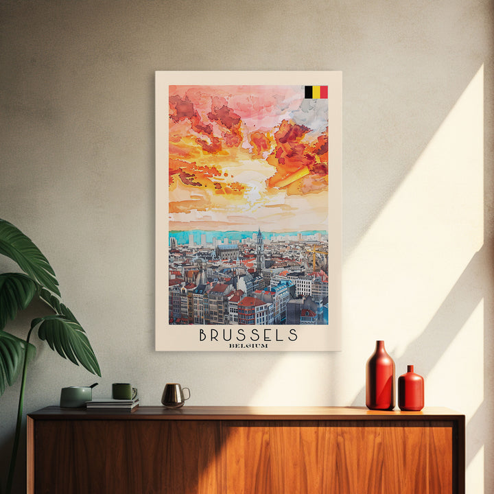Brussels Belgium Travel Poster Framed Canvas Print, Abstract Sunset, Wall Art, Modern Home Decor, Travel Print, Watercolor Painting, Art Piece