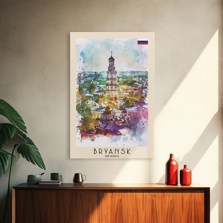 Bryansk Russia Travel Poster Framed Canvas Print, Watercolor Painting, Urban Scene, Wall Art, Home Decor, Bedroom Art, Minimalist Travel Print