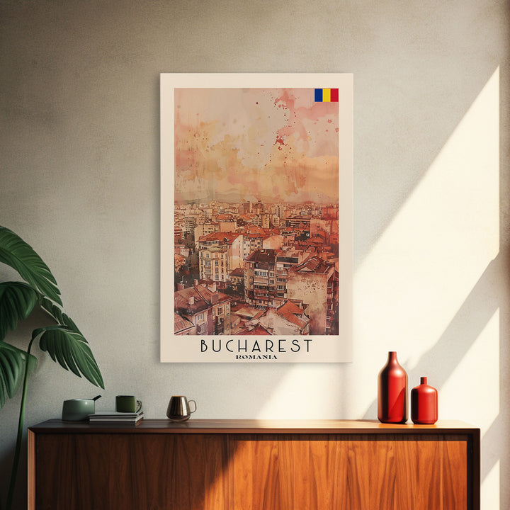 Bucharest Romania Travel Poster Framed Canvas Print, Abstract Cityscape, Boho Wall Art, Home Decor, Living Room Art, Watercolor Painting, Original Art