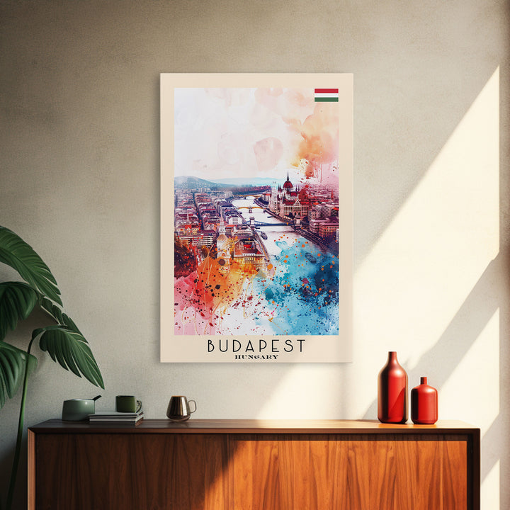 Budapest Hungary Travel Poster Framed Canvas Print, Colorful Watercolor Painting, Wall Art, Home Decor, Travel Print, Boho Style, Art Piece
