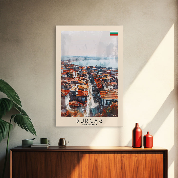 Burgas Bulgaria Travel Poster Framed Canvas Print, Coastal Cityscape, Watercolor Painting, Wall Art, Home Decor, Minimalist Travel Print, Urban Scene