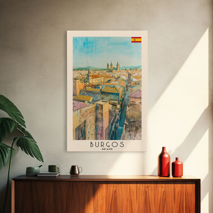 Burgos Spain Travel Poster Framed Canvas Print, Watercolor Cityscape, Wall Art, Home Decor, Living Room Art, Travel Print, Boho Style, Art Piece