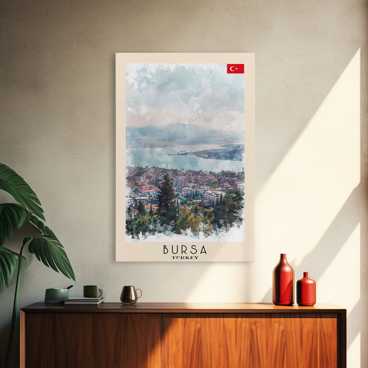 Bursa Turkey Travel Poster Framed Canvas Print, Watercolor Landscape, Wall Art, Home Decor, Travel Print, Minimalist Art, Urban Scene