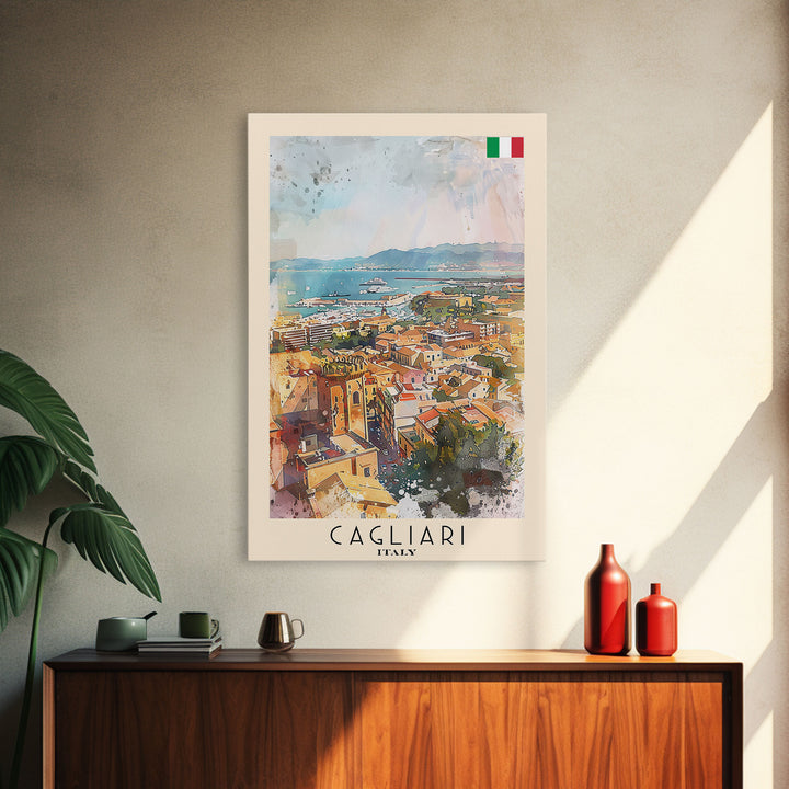 Cagliari Italy Travel Poster Framed Canvas Print, Wall Art, Home Decor, Travel Print, Vacation Gift, Watercolor Painting, Original Art