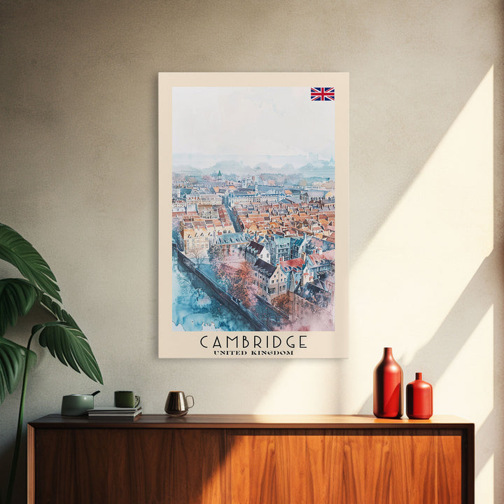 Cambridge United Kingdom Travel Poster Framed Canvas Print, Wall Art, Home Decor, Travel Print, Vacation Gift, Watercolor Painting, Original Art
