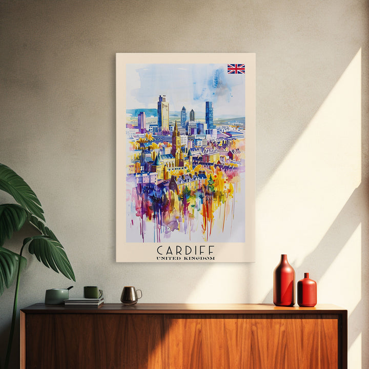 Cardiff United Kingdom Travel Poster Framed Canvas Print, Wall Art, Home Decor, Travel Print, Vacation Gift, Watercolor Painting, Original Art