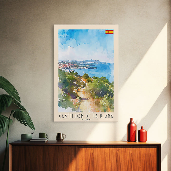 Castellón de la Plana Spain Travel Poster Framed Canvas Print, Wall Art, Home Decor, Travel Print, Vacation Gift, Watercolor Painting, Original Art