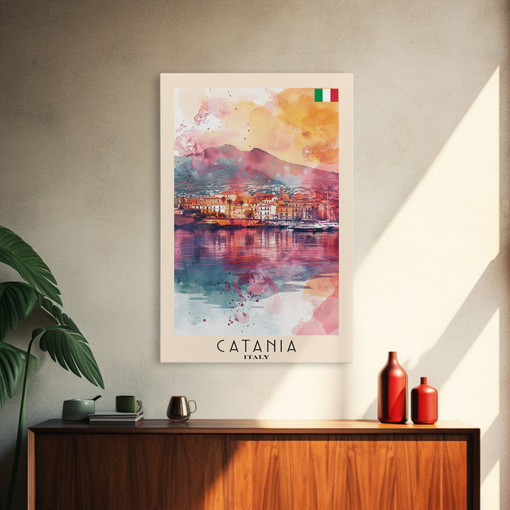 Catania Italy Travel Poster Framed Canvas Print, Wall Art, Home Decor, Travel Print, Vacation Gift, Watercolor Painting, Original Art