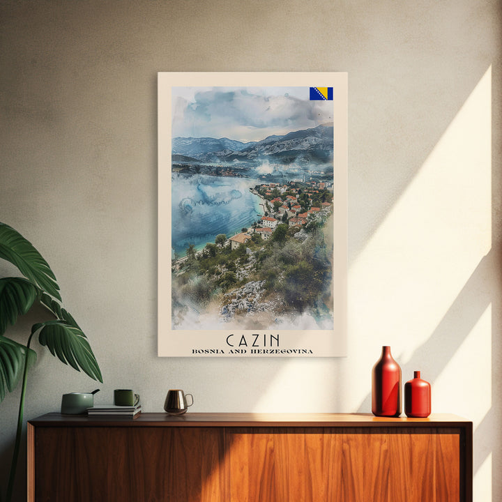 Cazin Bosnia and Herzegovina Travel Poster Framed Canvas Print, Wall Art, Home Decor, Travel Print, Vacation Gift, Watercolor Painting, Original Art