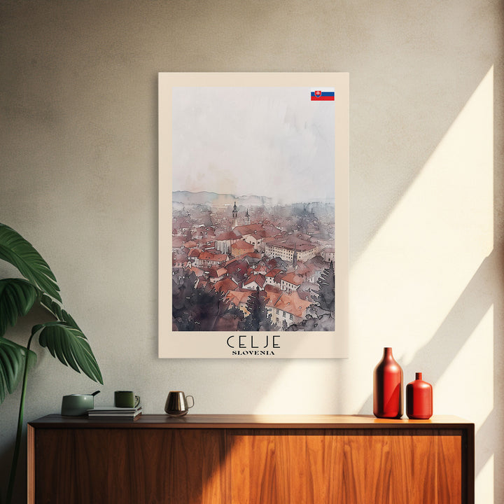 Celje Slovenia Travel Poster Framed Canvas Print, Wall Art, Home Decor, Travel Print, Vacation Gift, Watercolor Painting, Original Art