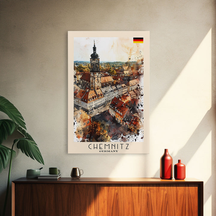 Chemnitz Germany Travel Poster Framed Canvas Print, Wall Art, Home Decor, Travel Print, Minimalist Watercolor Painting, Original Art