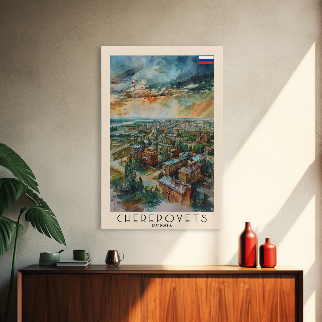Cherepovets Russia Travel Poster Framed Canvas Print, Wall Art, Home Decor, Travel Print, Abstract Watercolor Painting, Original Art